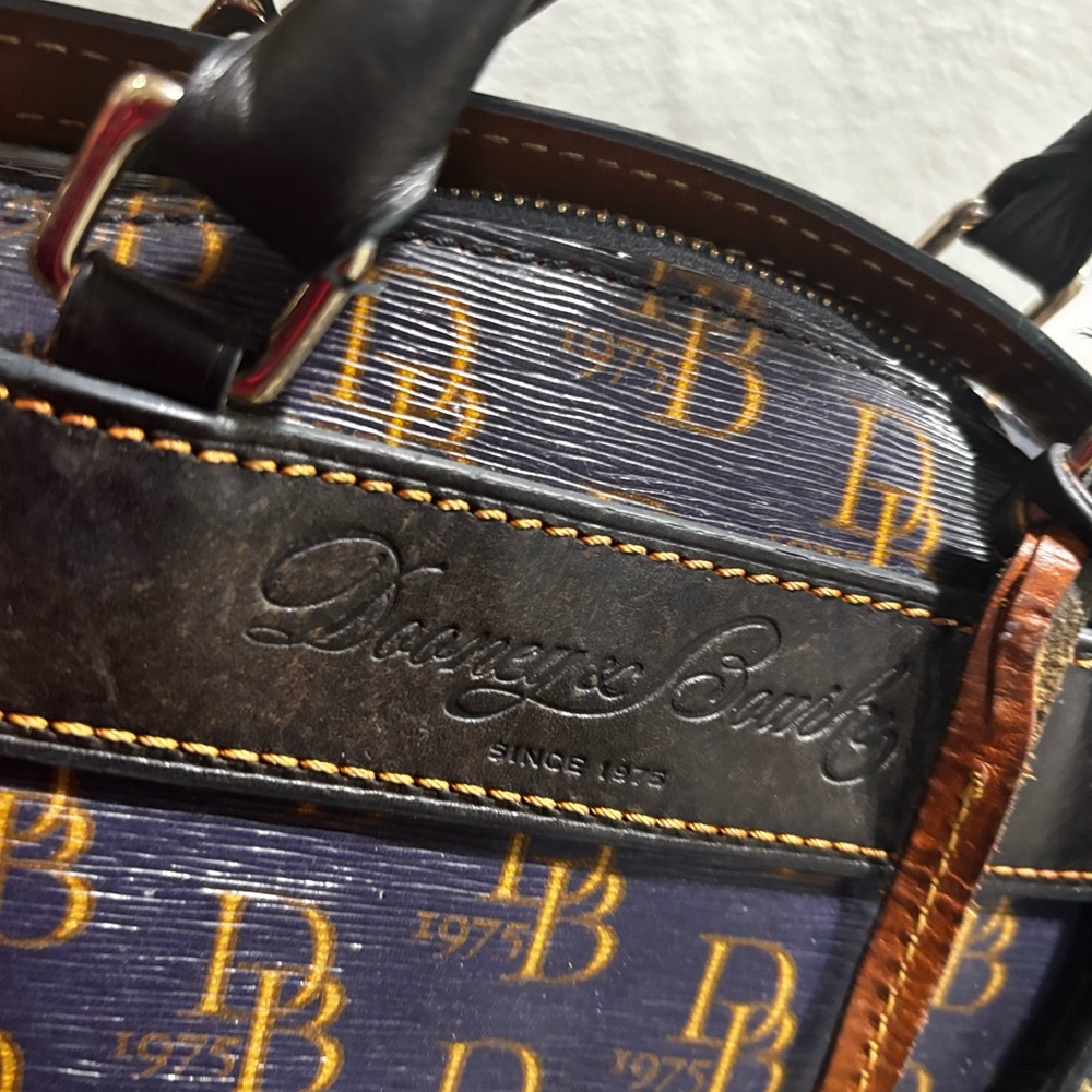 Dooney Bourke Monogram Pattern Navy and Brown Satchel Handbag - Picture 3 of 15